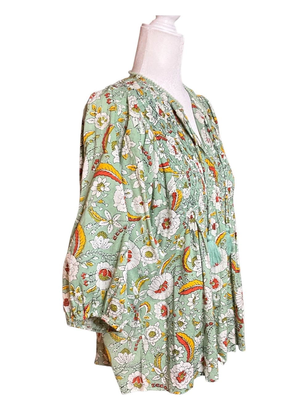 Printfresh Mint Green Floral Smocked Tunic with Tassel Ties, size L - Picture 3 of 7